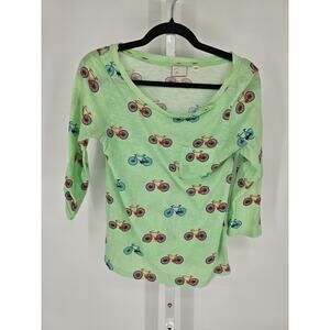 Anthropologie Postmark Banter Tee mint green Bike Bicycle Print 3/4 Sleeve